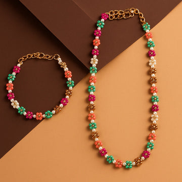 Jewelz Multicolour Daisy Beaded Necklace & Bracelet Set