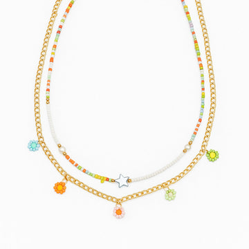 Jewelz Boho Pastel Daisy & Beaded Dual-Layer Necklace