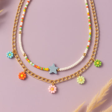 Jewelz Boho Pastel Daisy & Beaded Dual-Layer Necklace