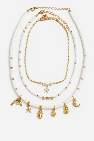 Jewelz White Beaded Multi-Layer Gold Charm Necklace