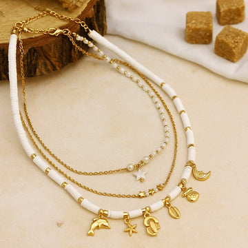 Jewelz White Beaded Multi-Layer Gold Charm Necklace
