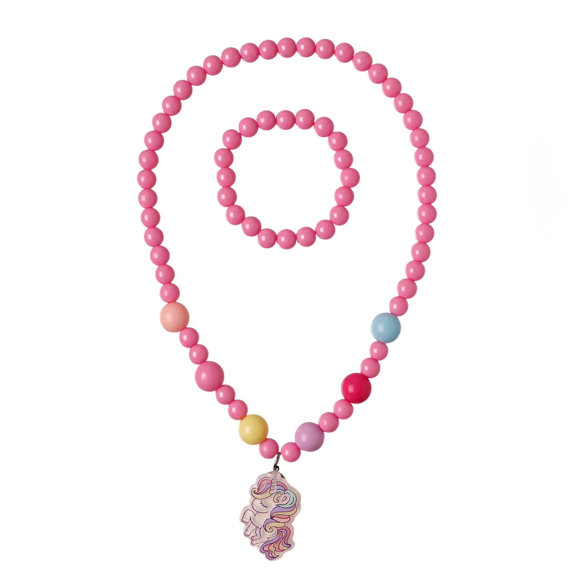 Necklace and bracelet set with pink beads and a decorative charm on a white background