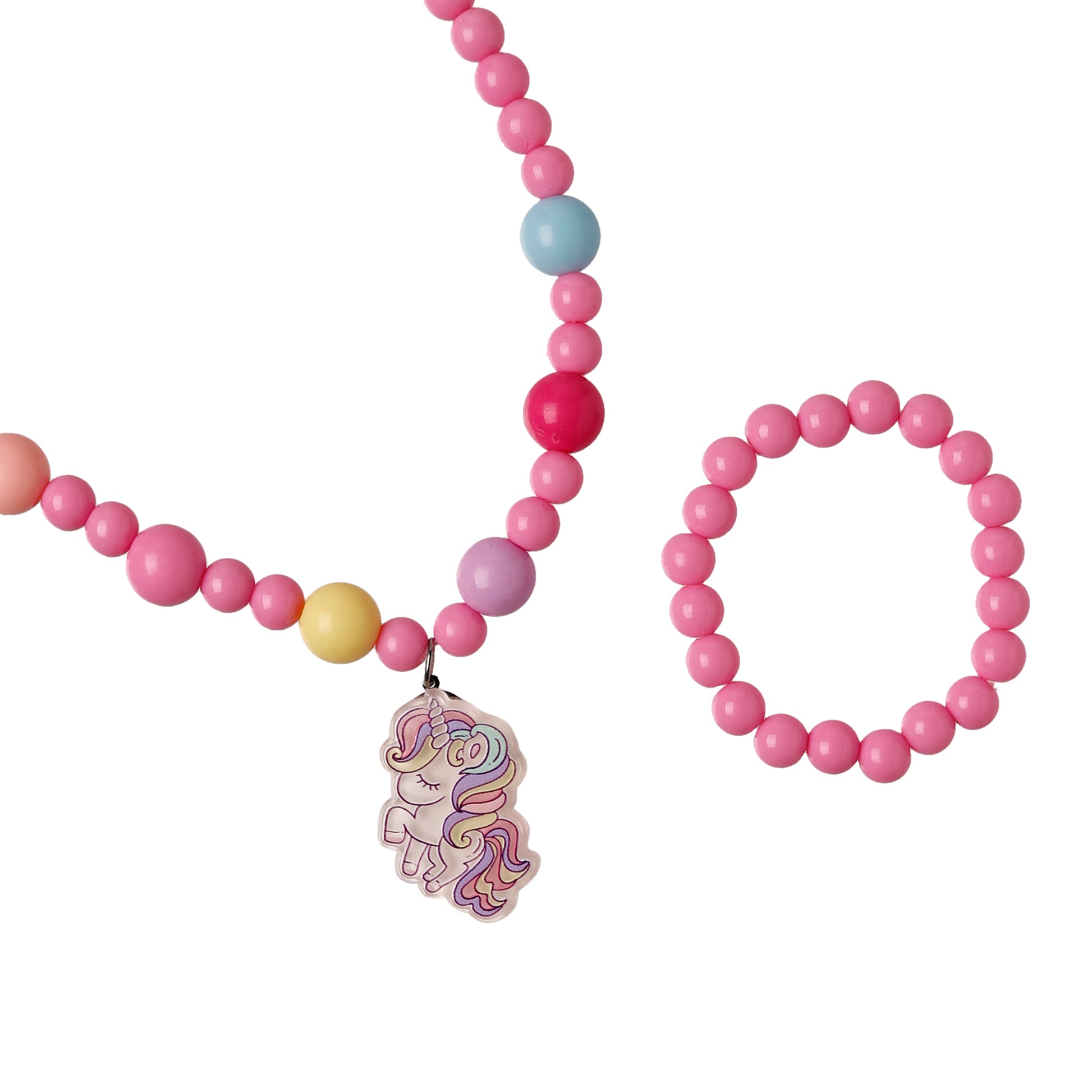 Beaded necklace with a unicorn charm on a white background