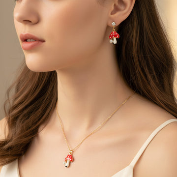 Gold Plated Cute Mushroom Pendant Necklace & Earrings Set