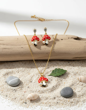 Gold Plated Cute Mushroom Pendant Necklace & Earrings Set
