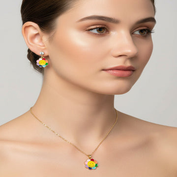 Gold Plated Cute Smiley Flower Pendant Necklace & Earrings Set