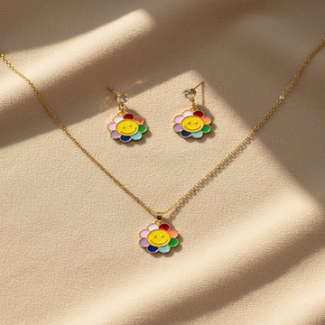 Gold Plated Cute Smiley Flower Pendant Necklace & Earrings Set
