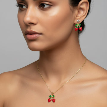 Women Gold Tone Strawberry Charm Jewellery Set