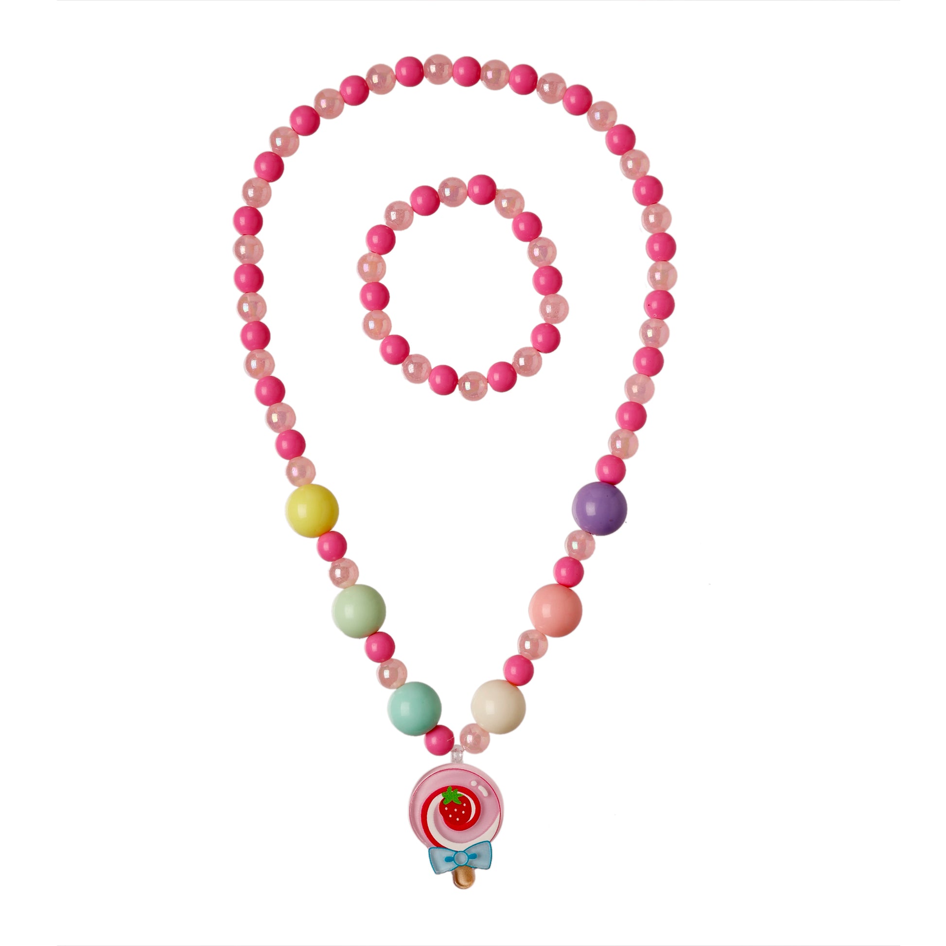Colorful beaded necklace with a strawberry pendant on a white background