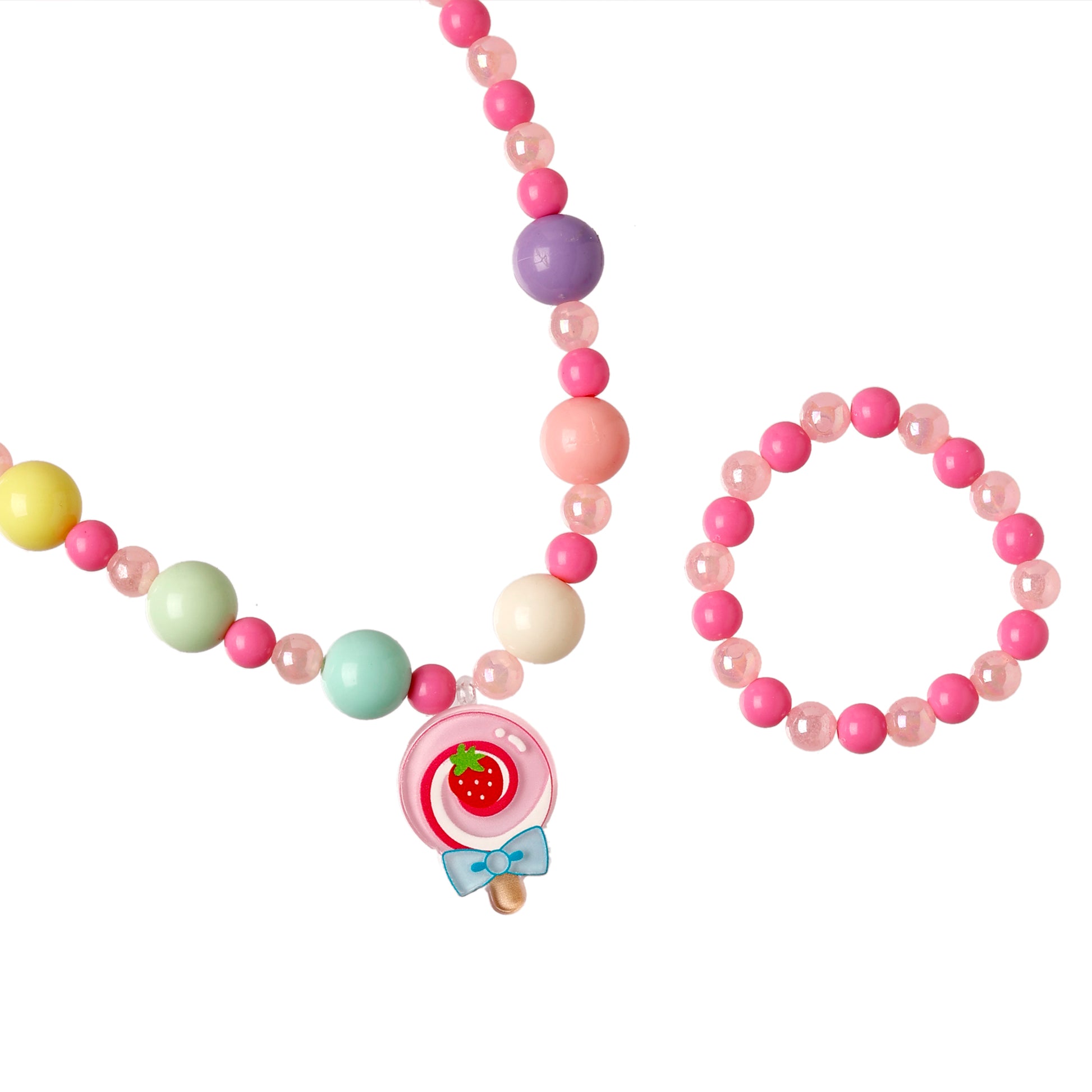 Colorful bead necklace and bracelet set on a white background