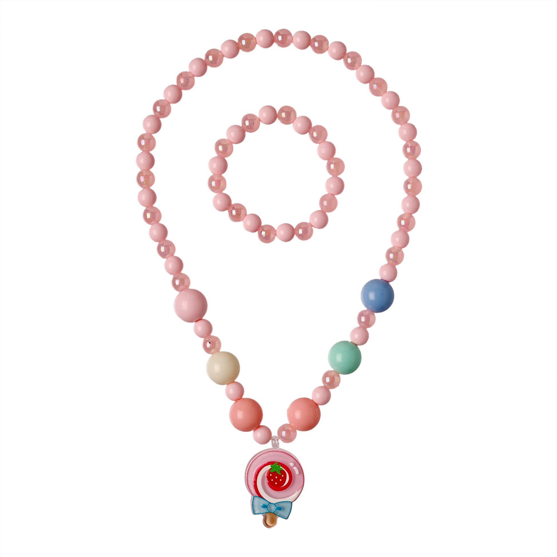 Beaded necklace with colorful beads and a strawberry charm on a white background