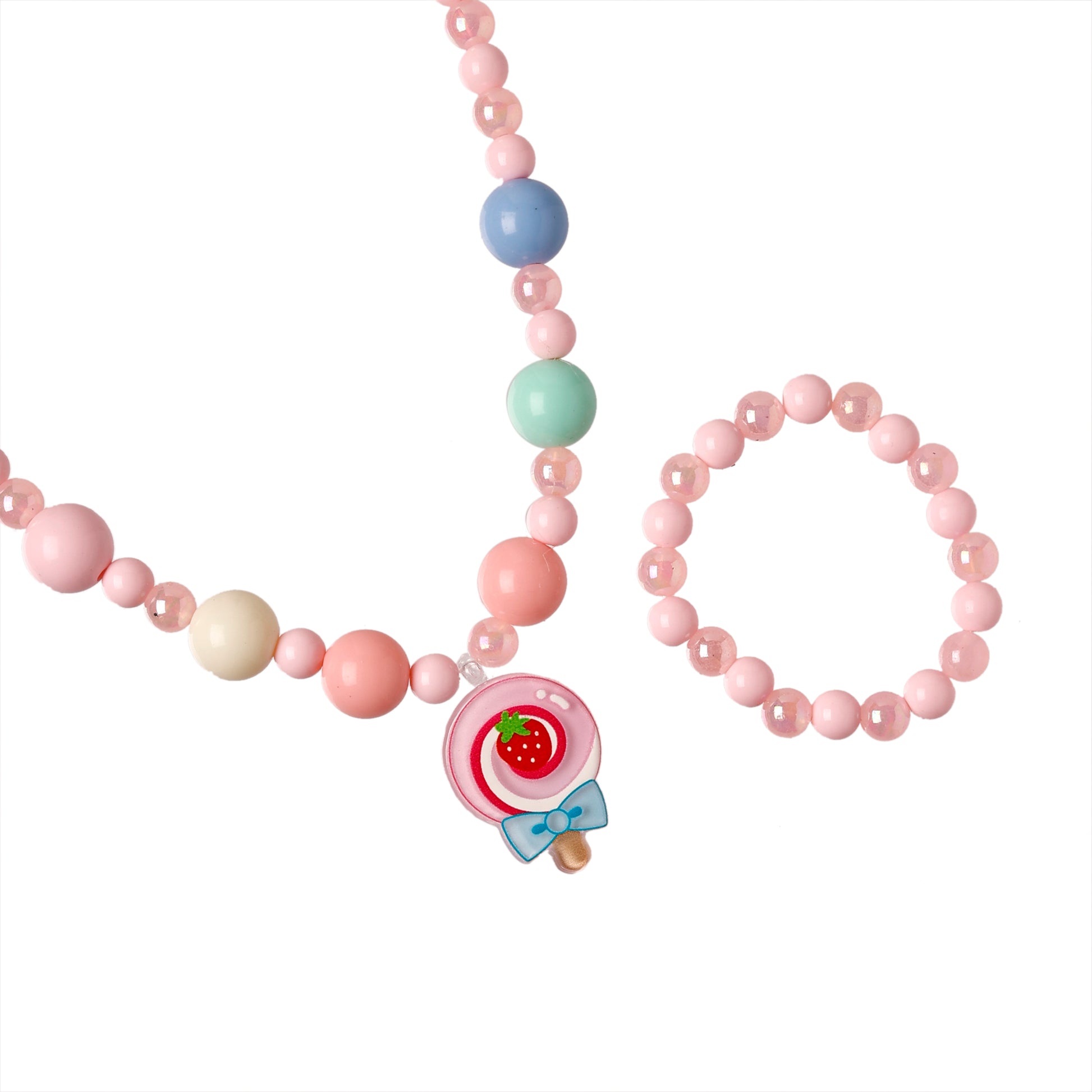 Beaded necklace and bracelet set with colorful beads on a white background