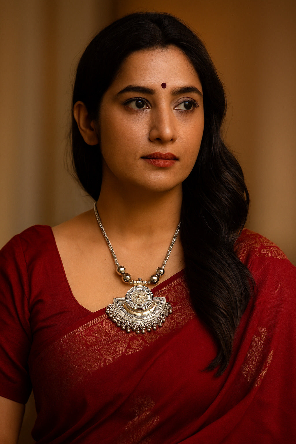 Woman wearing a red saree with a silver necklace against a beige background