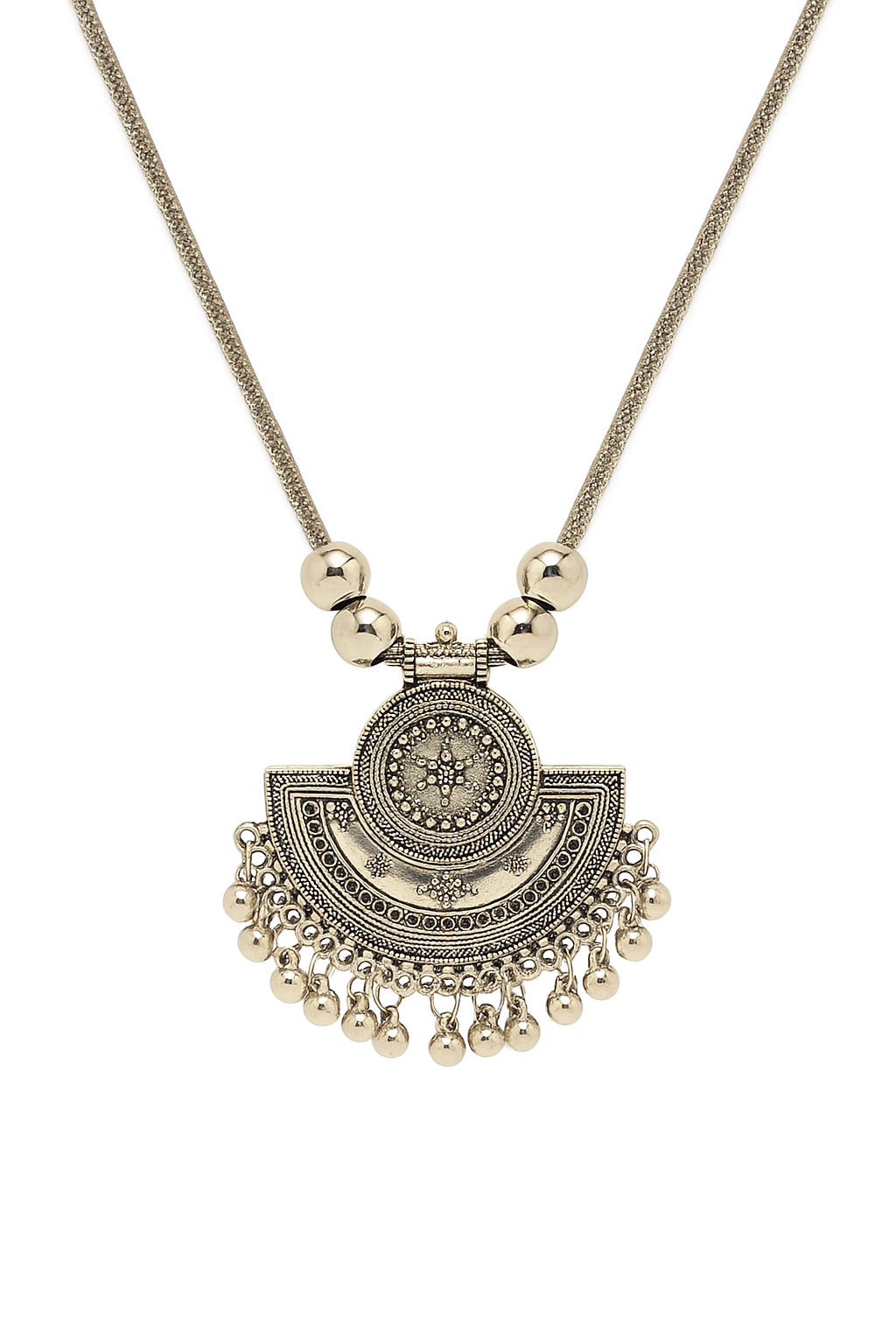 Silver necklace with a decorative pendant on a white background