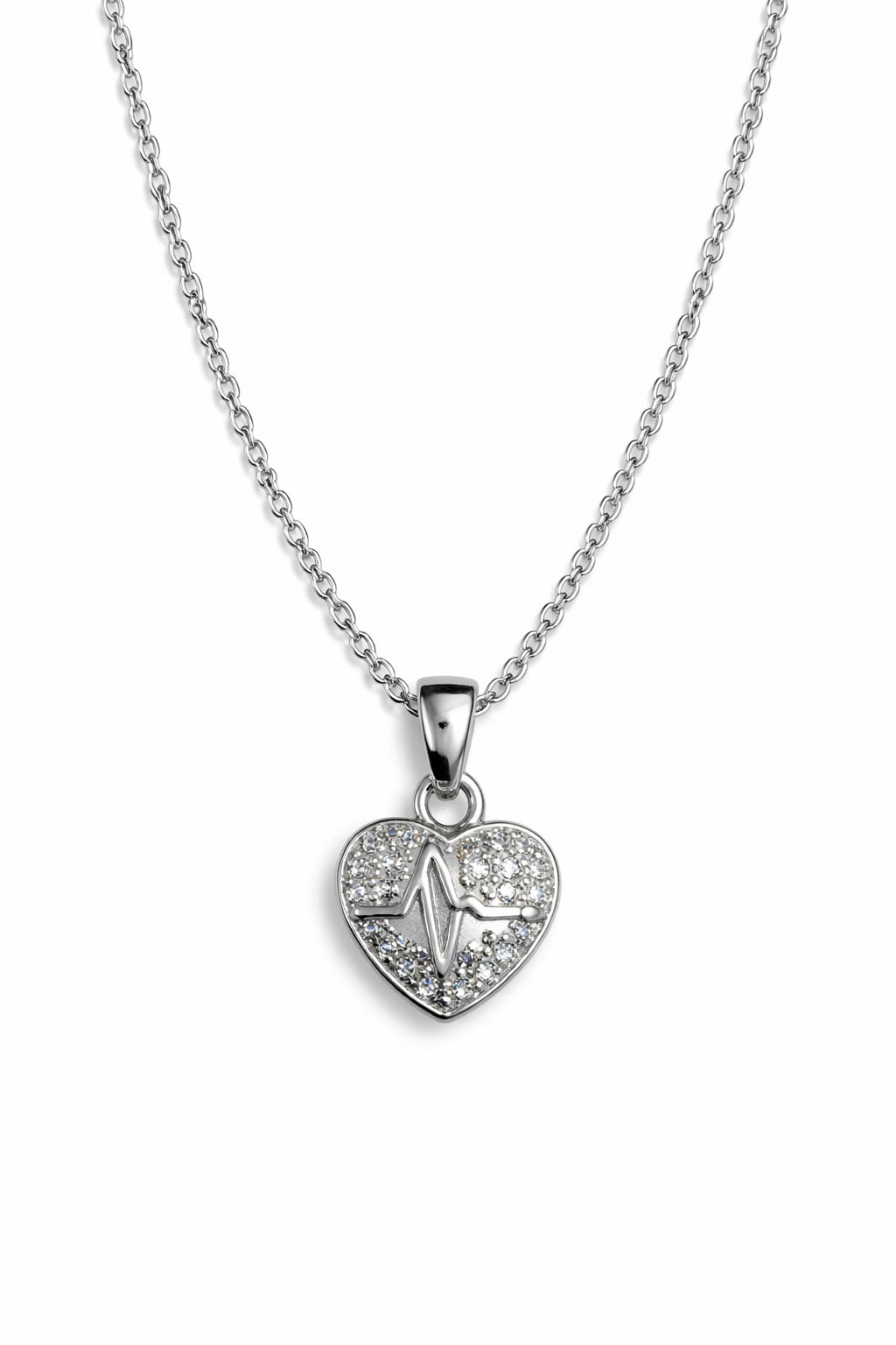 Heart-shaped silver pendant with clear stones on a white background