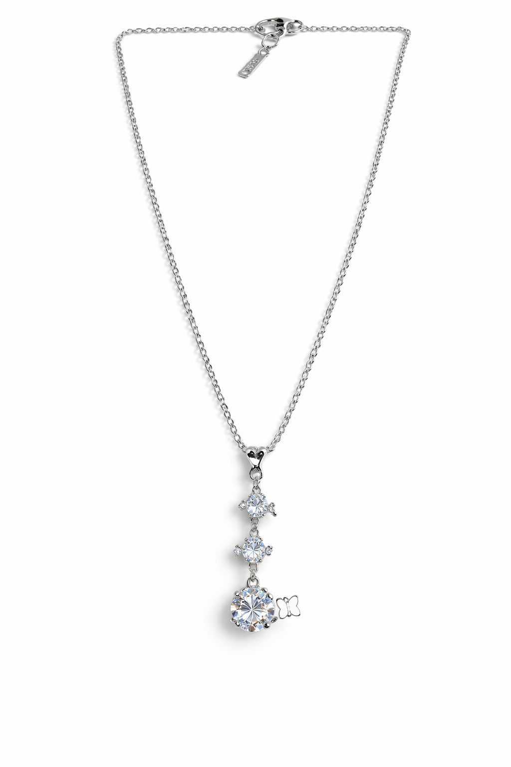Silver necklace with a star-shaped pendant on a white background