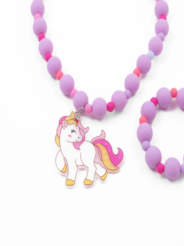 Unicorn Purple Beaded Necklace and Bracelet Combo
