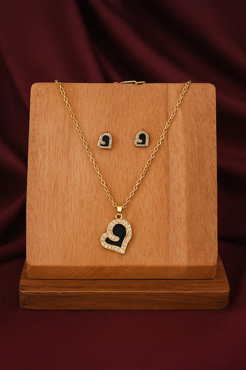 Jewelz Gold-Tone Black Heart Pendant Necklace & Stud Earrings Set