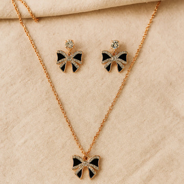 Gold-Tone Black Bow Pendant Necklace & Earrings Set