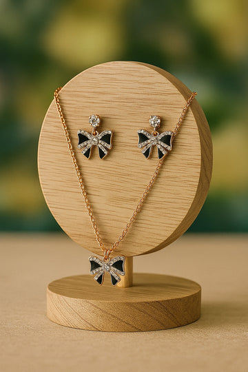 Gold-Tone Black Bow Pendant Necklace & Earrings Set