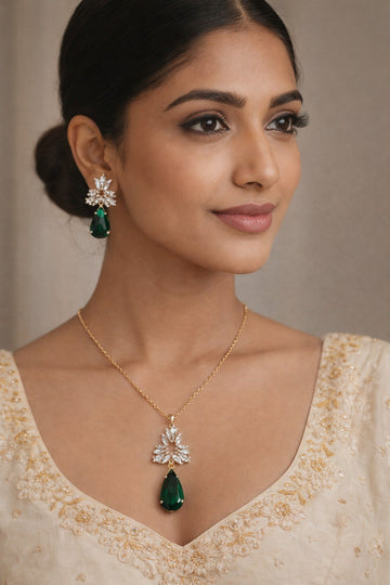 Jewelz Minimal Gold Green Stone Necklace Set