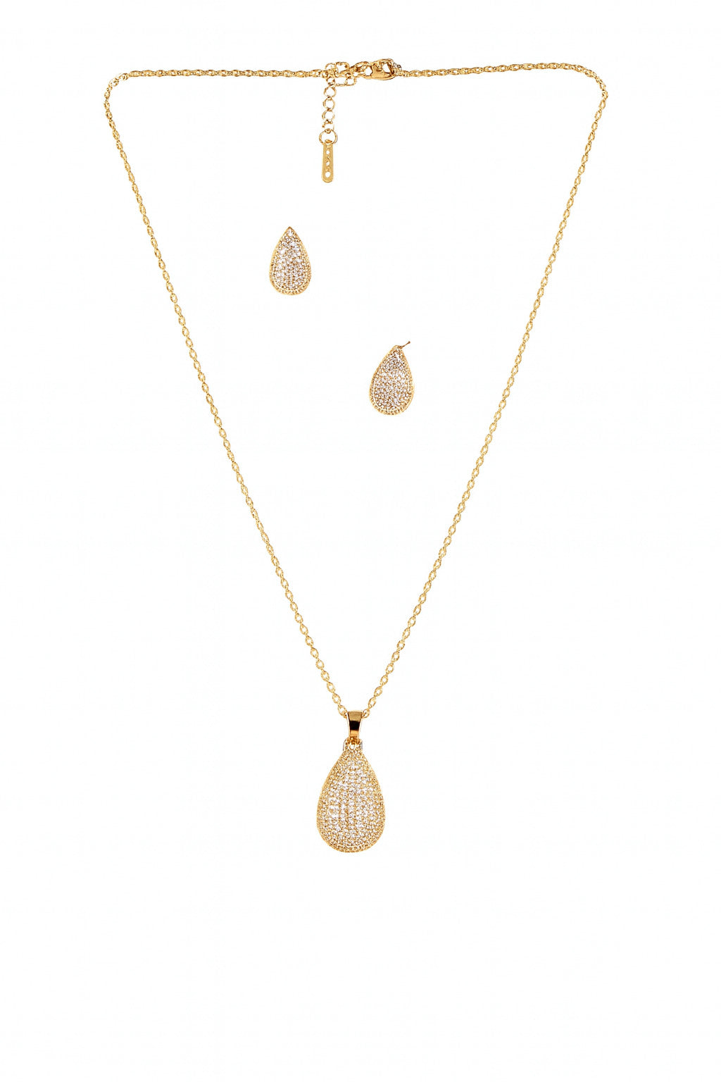 Gold necklace and earrings set on a white background