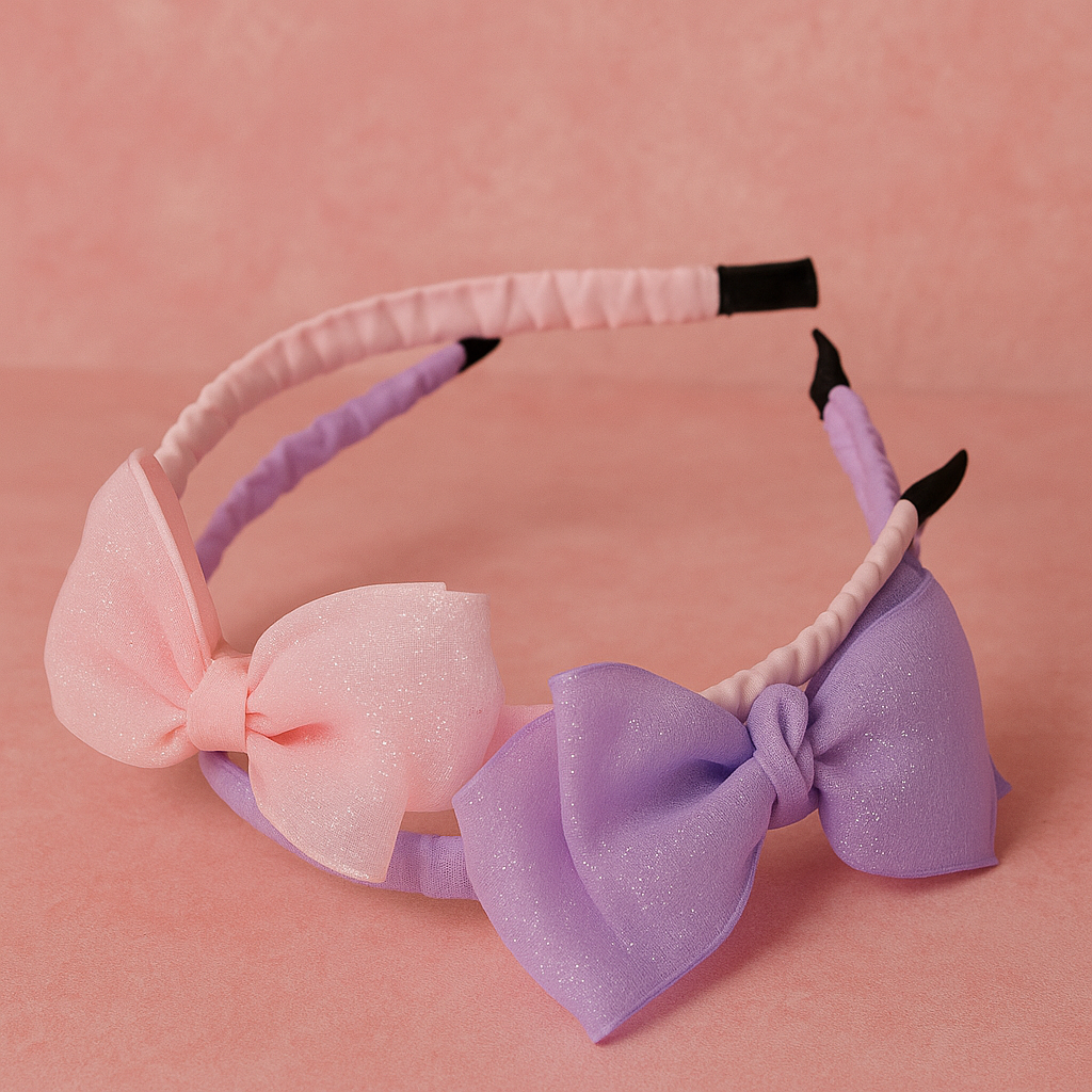 Two headbands with pink and purple bows on a pink background