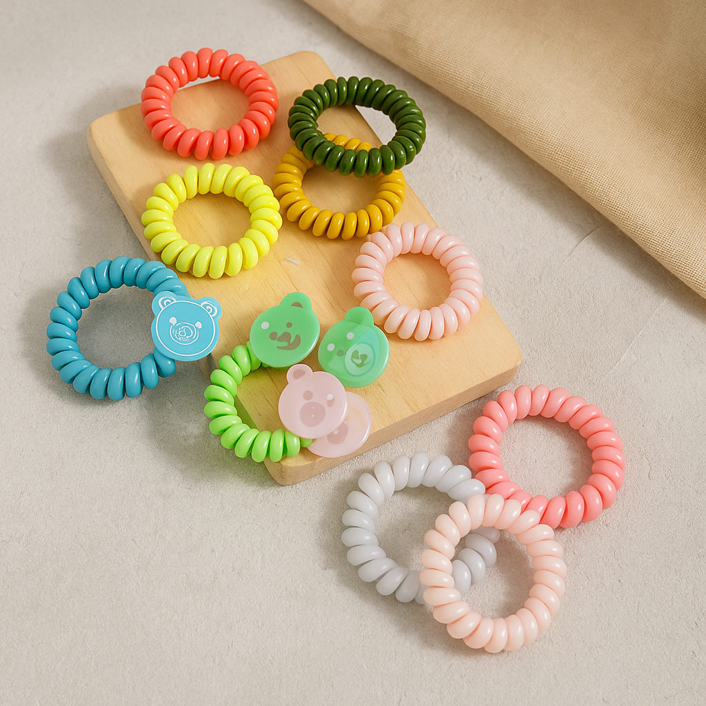 Colorful hair ties on a wooden board with a beige background