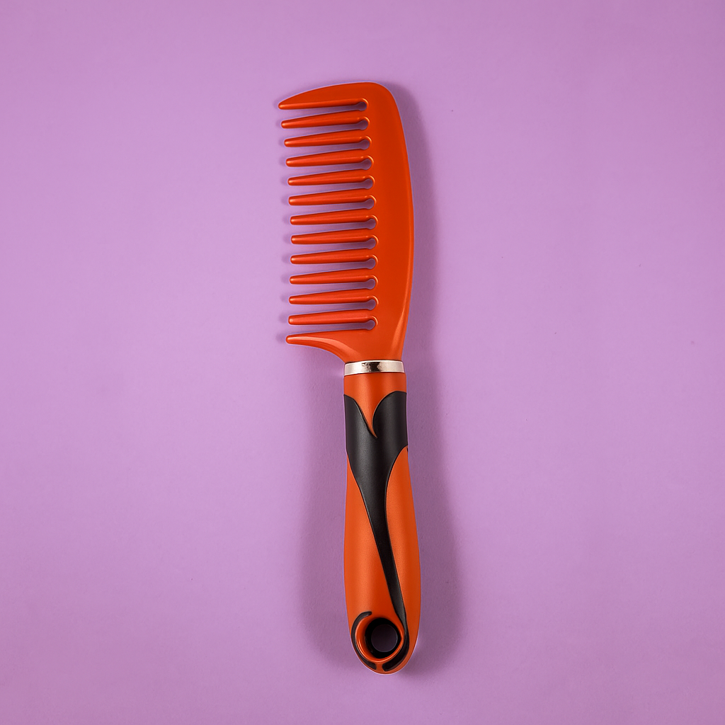 Orange comb with black handle on a purple background