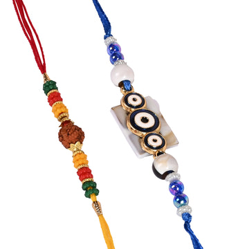 Designer Evil Eye & Rudraksha Rakhi Duo – Protective Thread Set for Brother