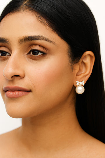 Jewelz Elegant Pearl Stud Earrings with Bow Design