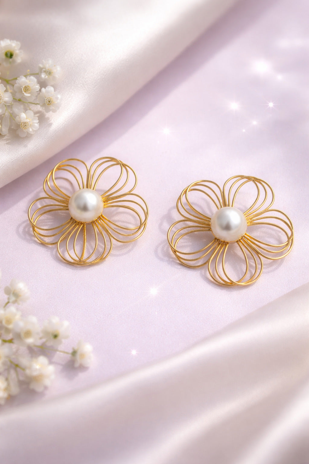 Gold flower-shaped earrings with pearls on a soft pink background