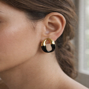 Gold Tone & Black Enamel Chunky Hoop Earrings