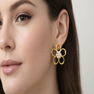 Gold Finish Flower Pearl Earrings | Stylish Statement Jewellery