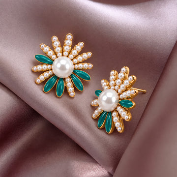 Jewelz Chic Pearl & Turquoise Daisy Blossom Earrings
