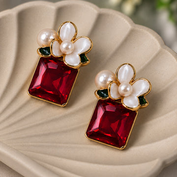 Jewelz Red Crystal & White Flower Statement Earrings