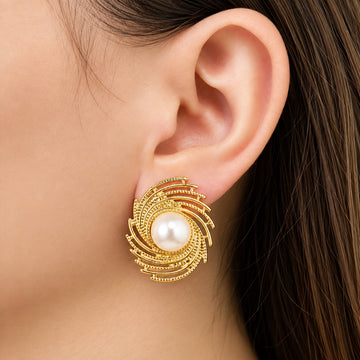 Jewelz Glamorous Golden Spiral Pearl Stud Earrings