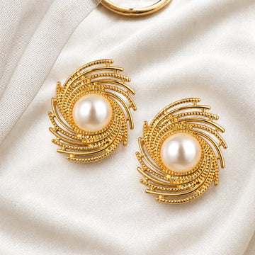Jewelz Glamorous Golden Spiral Pearl Stud Earrings
