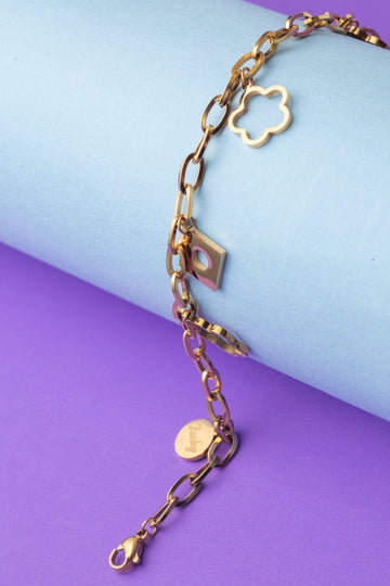 Gold Link Charm Bracelet with Floral Accents