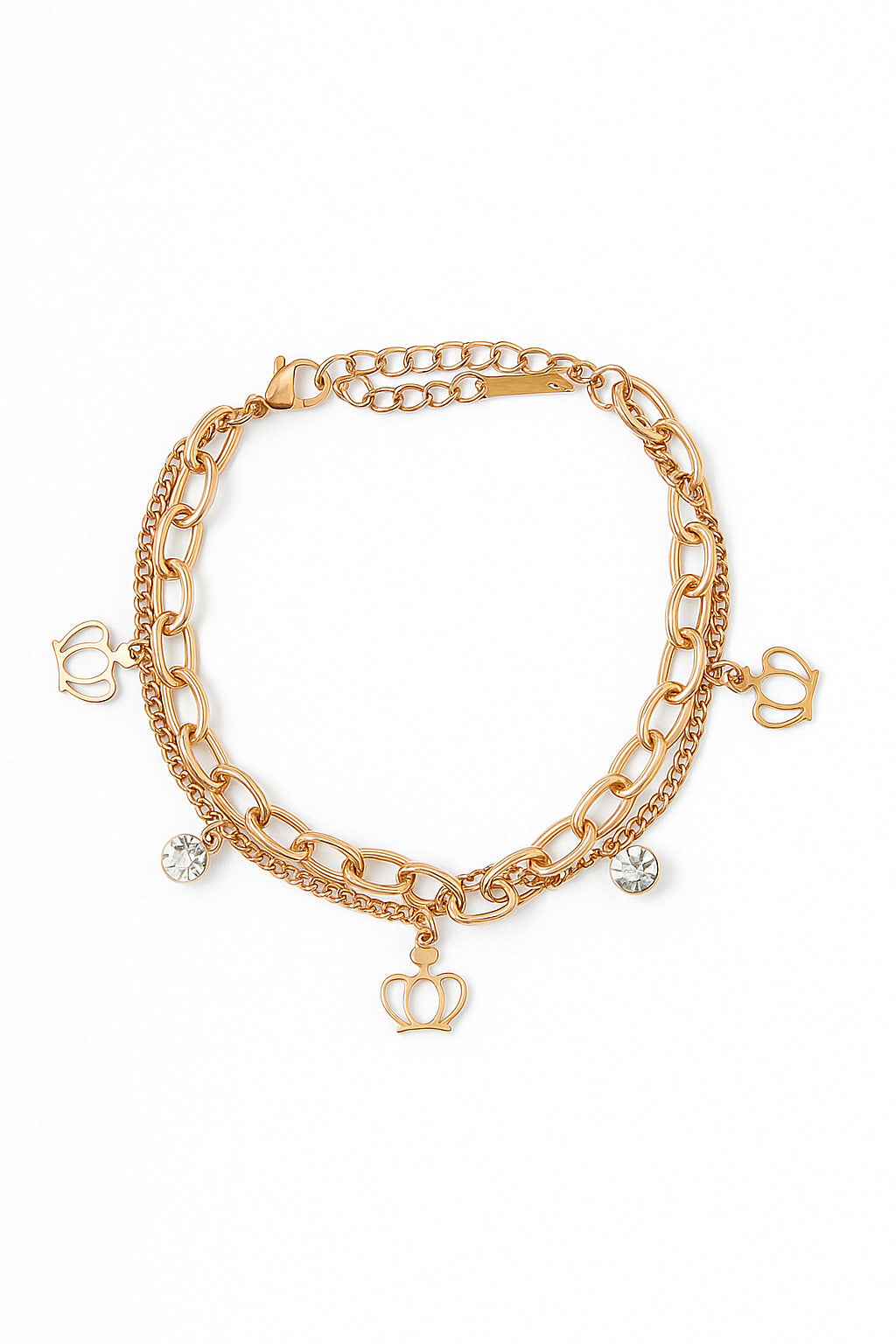 Gold chain bracelet with charms on a white background