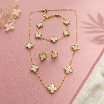 Gold Plated Clover Charm Necklace & Stud Earrings Set