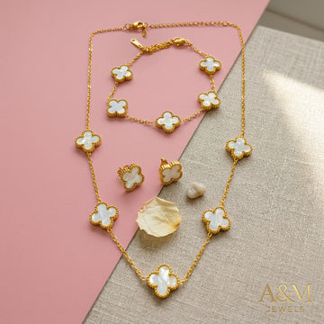 Gold Plated Clover Charm Necklace & Stud Earrings Set