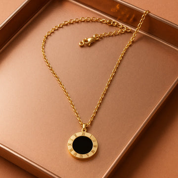 Black Enamel Round Pendant Necklace