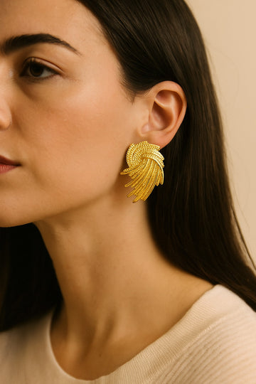 Gold-Tone Textured Swirl Design Statement Stud Earrings
