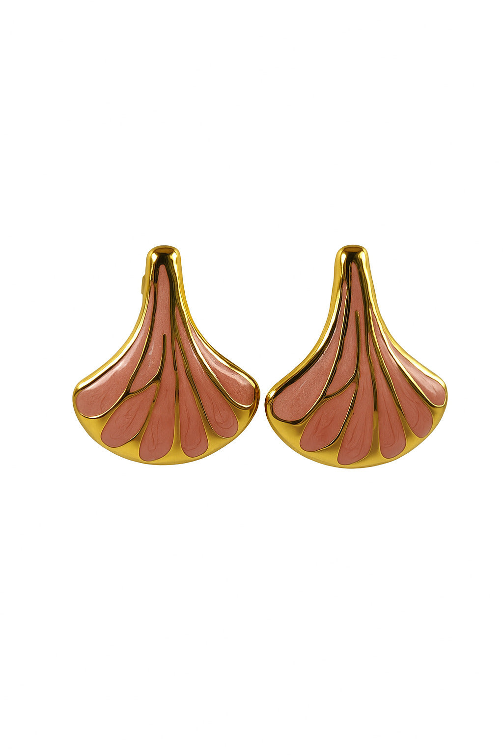 Pair of pink and gold earrings on a white background