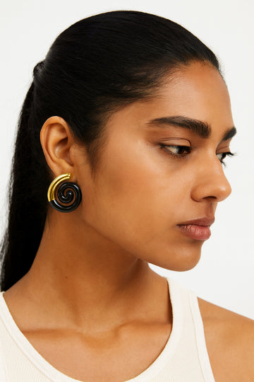 Gold-Tone Black Spiral Stud Earrings (  Stainless Steel )