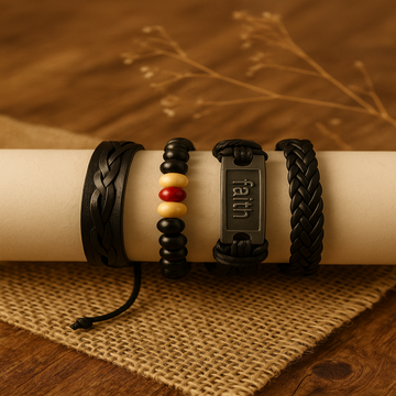 Bracelet with braided design and 'faith' tag on a wooden surface