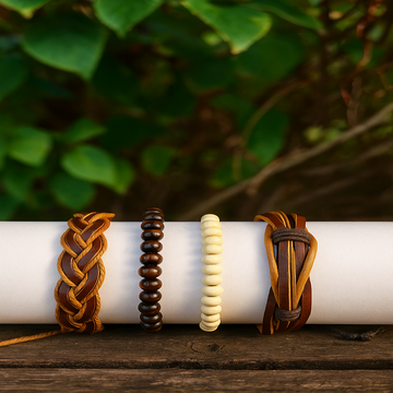 Four leather bracelets with different designs on a white cylindrical object against a natural background.