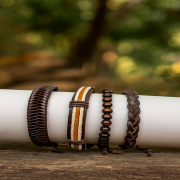 Three bracelets on a white cylindrical object with a blurred natural background