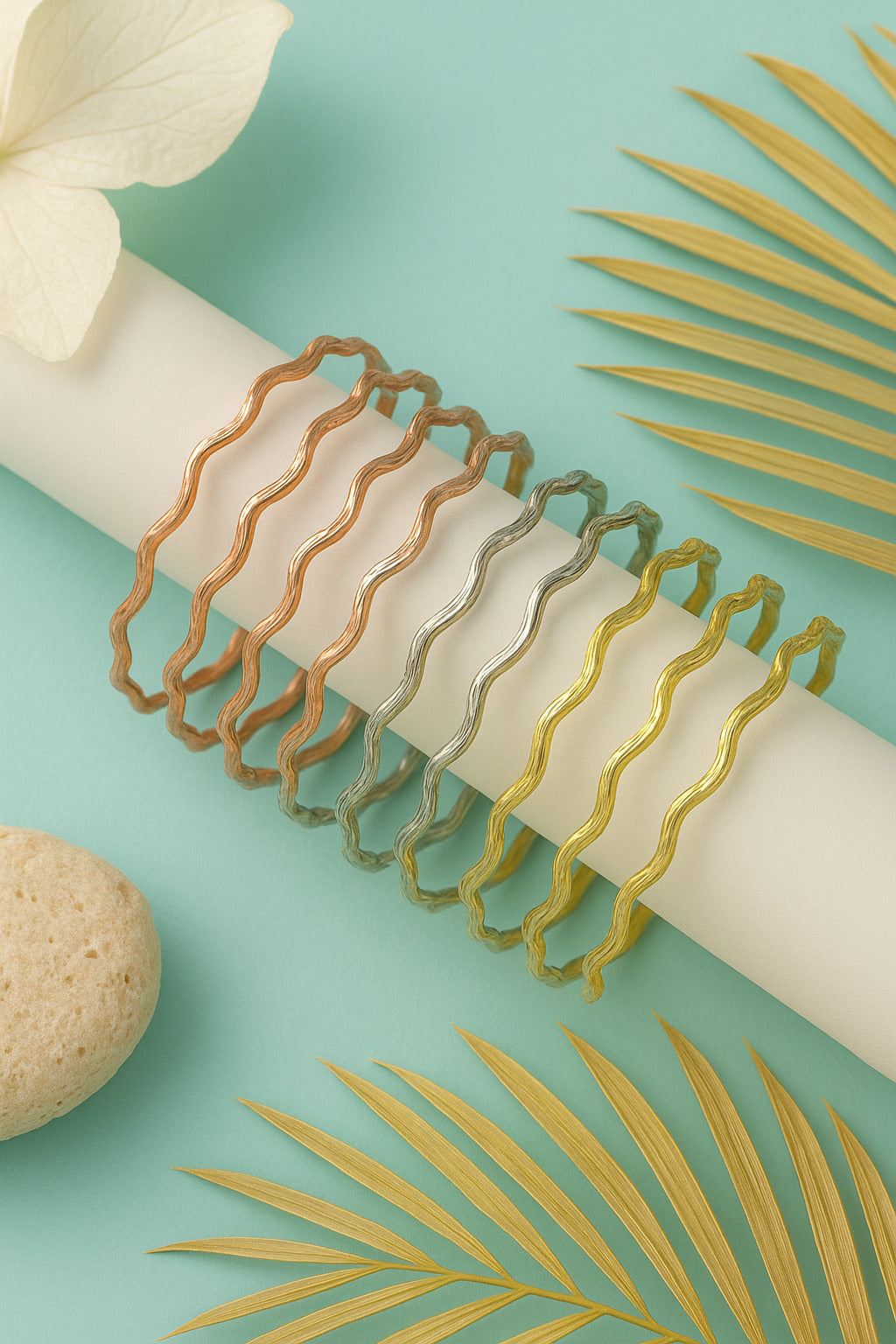 Set of gold and silver hair clips on a white roll with palm leaves and a stone on a teal background